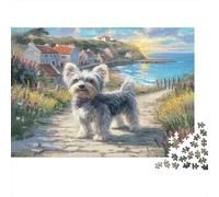 Joli Chien Papier Yorkshire Terrier sur Un Chemin côtier près du Village Puzzle pour Enfants de +12 Ans Cadeau de Noël Amusant 52x38cm/1000 pièces