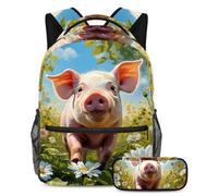 Joli cochon et fleur Préparez-vous pour l'école avec notre ensemble de 2 cartables pour enfants, comprend un sac à dos et une trousse à crayons, multicolore, B：29.4x20x40cm P：19x7.5x3.8cm, Sacs à dos