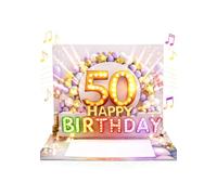 Joli Coon Carte anniversaire 50 ans avec musique et lumière - Carte pop up 3D pour le 50e anniversaire femme avec effet lumineux, enveloppe et autocollant sceau - 20 x 15 cm