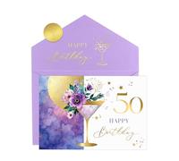 Joli Coon Carte anniversaire 50 ans ELEGANT - Carte pliable de haute qualité avec illustration florale de martini et enveloppe aux tons pastel - Carte anniversaire 50 ans femme