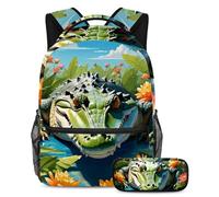 Joli crocodile et fleur : gardez une longueur d'avance sur le jeu avec notre sac à dos et trousse à crayons pour garçons, filles et adolescents, multicolore, B：29.4x20x40cm P：19x7.5x3.8cm, Sacs à dos