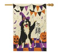 Joli drapeau bernois en toile de jute pour Halloween, 71 x 101 cm, double face pour l'extérieur, tête de mort, citrouille effrayante, chiot imprimé, décoration d'intérieur et d'extérieur