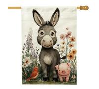 Joli drapeau de jardin animal de la ferme, âne, cochon, oiseau, bannière florale de décoration d'intérieur, bannière double face en toile de jute, drapeau de cour, décoration de pelouse extérieure de