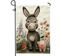 Joli drapeau de jardin animal de la ferme, âne, cochon, oiseau, bannière florale, décoration d'intérieur, drapeau double face en toile de jute, drapeau de cour, décoration de pelouse extérieure de