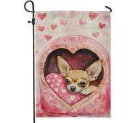 Joli drapeau de jardin avec cœur de chihuahua, décoration candidate de chien de pêche, drapeau en toile de jute pour la Saint-Valentin, printemps en plein air, art de pelouse double face pour