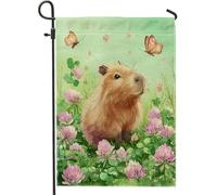 Joli drapeau de jardin Capybara pour printemps et été, motif papillon vert, décoration extérieure, bannière double face en toile de jute pour la maison et la décoration de fête, 30,5 x 45,7 cm