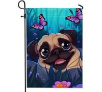 Joli drapeau de jardin carlin de dessin animé, bannière d'extérieur papillon bleu, drapeau décoratif double face pour décoration de pelouse de printemps et été, 30,5 x 45,7 cm