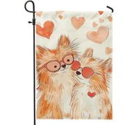 Joli drapeau de jardin d'amour poméranien, couple de chiens orange avec cœur, décoration de la maison, drapeau en toile de jute double face pour printemps, Saint-Valentin, décoration de pelouse au