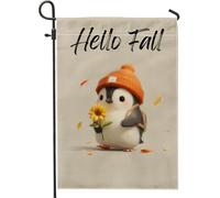 Joli drapeau de jardin d'automne en forme de pingouin beige, bannière de décoration d'intérieur, drapeau double face en toile de jute, décoration extérieure saisonnière 30,5 x 45,7 cm