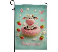 Joli drapeau de jardin de bienvenue, beignet de pêche, fraise, papillon, décoration extérieure, bannière double face en toile de jute pour décoration de fête d'été, 30,5 x 45,7 cm