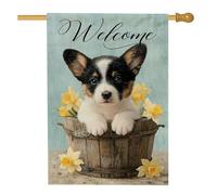 Joli drapeau de jardin de bienvenue en forme de chiot Corgi, bannière extérieure à motif floral printanier, décoration de cour double face pour la maison, drapeau de pelouse de style rustique 71 x