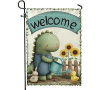 Joli drapeau de jardin de bienvenue en forme de dinosaure, tournesol vert, bannière double face en toile de jute pour décoration de fête de printemps et d'été, 30,5 x 45,7 cm