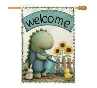 Joli drapeau de jardin de bienvenue en forme de dinosaure, tournesol vert, bannière double face en toile de jute pour décoration de fête de printemps et d'été, 71,1 x 101,6 cm