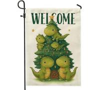 Joli drapeau de jardin de bienvenue en forme de dinosaure vert, bannière de vacances d'extérieur, bannière double face en toile de jute, décoration de pelouse 30,5 x 45,7 cm