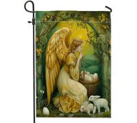 Joli drapeau de jardin de Pâques - Forêt dorée - Ailes mignonnes - Lapins floraux - Œufs rétro verts et dorés - Lin pour bienvenue - Drapeau de cour de Pâques - Drapeau extérieur - Décoration