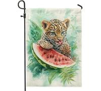 Joli drapeau de jardin d'été léopard, bannière décorative sur le thème de la pastèque pour décoration de pelouse extérieure, drapeau double face, animal tropical, 30,5 x 45,7 cm