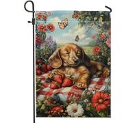 Joli drapeau de jardin d'été, teckel ludique et fraises - Décoration extérieure - Bannière double face en toile de jute pour décoration de la maison - 30,5 x 45,7 cm