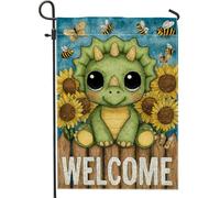 Joli drapeau de jardin dinosaure vert, tournesol, décoration extérieure, bannière double face en toile de jute pour décoration de printemps et été, 30,5 x 45,7 cm