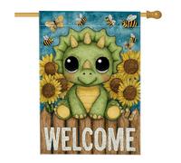 Joli drapeau de jardin dinosaure vert, tournesol, décoration extérieure, bannière double face en toile de jute pour décoration de printemps et d'été, 71 x 101,6 cm
