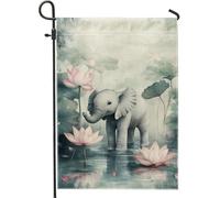 Joli drapeau de jardin éléphant gris doux, nénuphar, aquarelle, décoration d'intérieur, drapeaux de jardin, toile de jute double face, décoration de pelouse pour le printemps et l'été, 30,5 x 45,7 cm
