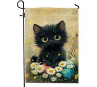 Joli drapeau de jardin en forme de chaton noir, adorable drapeau de jardin à fleurs de chat, décoration saisonnière pour printemps, décoration double face pour pelouse extérieure, 30,5 x 45,7 cm