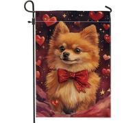 Joli drapeau de jardin en forme de chien de Poméranie, chiot orange avec nœud papillon rouge, charmante décoration extérieure pour le printemps et la Saint-Valentin, drapeau double face en toile de