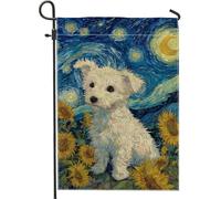 Joli drapeau de jardin en forme de chiot blanc, bannière de décoration extérieure tournesol, drapeau artistique double face pour décoration de pelouse de printemps et été, 30,5 x 45,7 cm