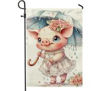 Joli drapeau de jardin en forme de cochon de pêche, motif de parapluie floral, décoration extérieure, drapeau de pelouse saisonnier pour toutes les occasions, décoration de jardin en toile de jute