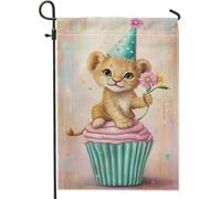 Joli drapeau de jardin en forme de lion, cupcake coloré, décoration d'extérieur, bannière double face pour fête d'été, décoration de pelouse, 30,5 x 45,7 cm