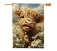 Joli drapeau de jardin en forme de vache brune, décoration florale de marguerites pour le printemps et l'été, la pelouse extérieure, bannière double face en toile de jute pour la maison et la