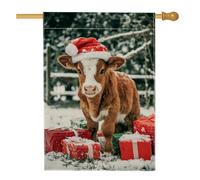 Joli drapeau de jardin en forme de vache de Noël, veau marron dans un chapeau de Père Noël, décoration extérieure, bannière double face en toile de jute pour décoration d'intérieur d'hiver, 71 x 101