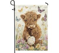 Joli drapeau de jardin en forme de vache des Highlands, décoration florale marron, drapeau de jardin double face, papillon extérieur, décoration de pelouse de vacances de Pâques, 30,5 x 45,7 cm