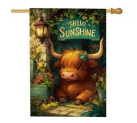 Joli drapeau de jardin en forme de vache des Highlands, motif floral orange vif pour décoration extérieure de printemps, bannière double face en toile de jute pour la maison et la cour, décoration de