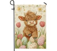 Joli drapeau de jardin en forme de vache des Highlands, œufs de Pâques pastel, décoration printanière, drapeau de cour double face en toile de jute pour fête de vacances, décoration de pelouse en