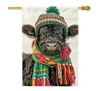 Joli drapeau de jardin en forme de vache noire, décoration de vacances d'hiver avec écharpe et chapeau, drapeau double face en toile de jute pour décoration de pelouse extérieure, 71 x 101 cm