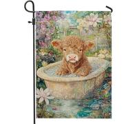 Joli drapeau de jardin en forme de veau se baignant dans des bulles, bannière florale de bétail marron, décoration extérieure printanière double face, décoration sur le thème des animaux charmants