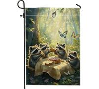 Joli drapeau de jardin familial en forme de raton laveur, décoration extérieure colorée en toile de jute, bannière de cour double face, décoration de jardin saisonnière pour pelouse et maison, 30,5 x