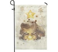 Joli drapeau de jardin familial hippopotame, animal enneigé beige, décoration d'extérieur, drapeau de vacances double face pour la saison d'hiver, décoration de cour chaude pour la maison 30,5 x 45,7