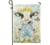 Joli drapeau de jardin floral en forme de vache - Décoration de veau noir et blanc - Drapeau double face en toile de jute pour décoration de pelouse - 30,5 x 45,7 cm