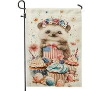 Joli drapeau de jardin hérisson, décoration colorée de cupcakes et de fleurs pour le printemps et l'été, drapeau double face en toile de jute pour décoration de pelouse extérieure, 30,5 x 45,7 cm