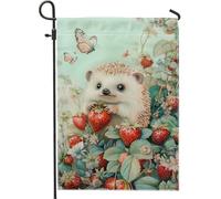 Joli drapeau de jardin hérisson, décoration florale fraise pour l'été, adorable bannière de jardin pour la maison, la cour, décoration de pelouse double face, affichage extérieur inspiré de la nature
