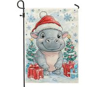 Joli drapeau de jardin hippopotame, décoration de Noël d'hiver, drapeau festif double face, décoration de pelouse en plein air, design amusant et fantaisiste 30,5 x 45,7 cm