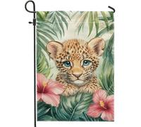 Joli drapeau de jardin léopard, bannière florale tropicale colorée pour décoration d'intérieur, drapeau de cour double face pour décoration de pelouse en été 30,5 x 45,7 cm