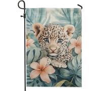 Joli drapeau de jardin léopard, feuilles tropicales vertes, décoration extérieure, bannière saisonnière pour fêtes d'été, drapeau de cour double face, 30,5 x 45,7 cm