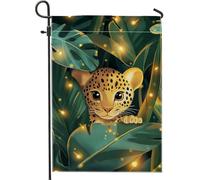 Joli drapeau de jardin léopard, feuilles vertes et lumières scintillantes pour toutes les saisons, drapeau de pelouse extérieur double face, décoration d'intérieur pour amoureux des animaux, parfait