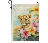 Joli drapeau de jardin léopard, fleurs tropicales colorées, décoration extérieure, drapeau double face en toile de jute pour la maison et la cour, décoration de pelouse sur le thème des animaux d'été
