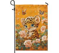 Joli drapeau de jardin léopard, motif floral orange chaton papillon décoration de la maison, drapeau en tissu double face, décoration de pelouse extérieure, 30,5 x 45,7 cm