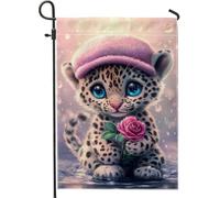 Joli drapeau de jardin léopard pêche, adorable bannière d'art animal, décoration extérieure printemps-été, drapeau double face pour la maison et le jardin, motif fleur, rose, décoration de jour de