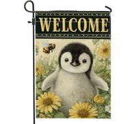 Joli drapeau de jardin pingouin, bannière de décoration extérieure à fleur jaune, décoration saisonnière double face en toile de jute pour le printemps et l'été, adorable accessoire de pelouse pour la