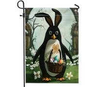 Joli drapeau de jardin pingouin de Pâques - Panier de prairie sauvage - Œufs blancs floraux - Lin vert pour bienvenue - Pâques - Patio - Décoration pour porche, pelouse, fête - Double face - 30,5 x